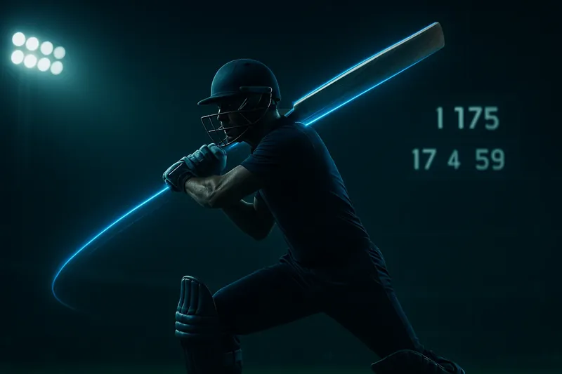 Cricket athlete in motion with neon speed trail under stadium floodlights