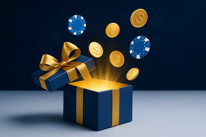 Premium gift box opening with gold light, coins and casino chips