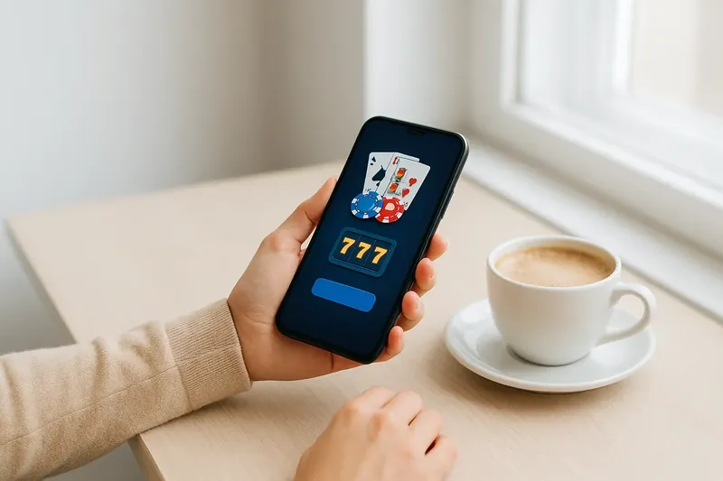 Person at cafe table using smartphone with dark casino app and coffee