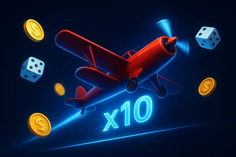 Red airplane in crash game with coins, dice, and glowing multiplier