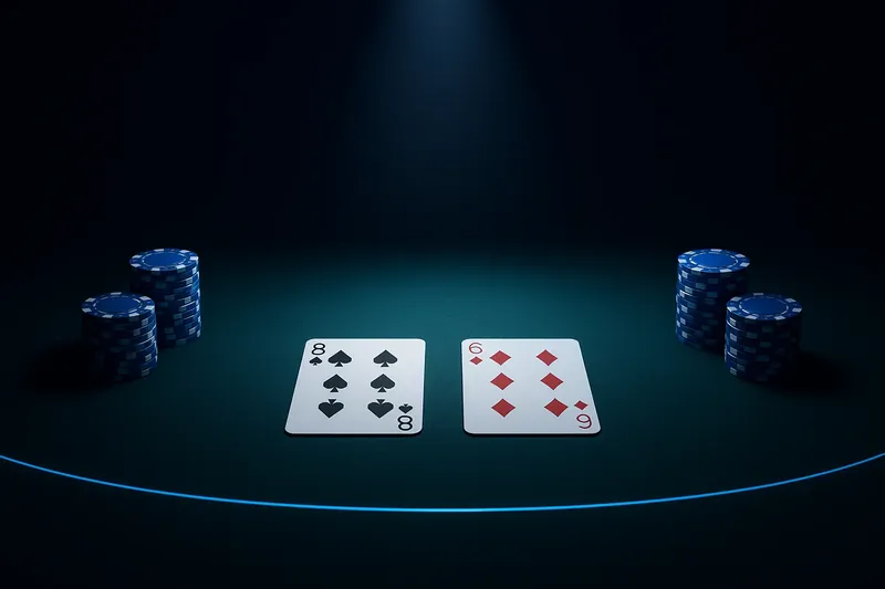 Face-up baccarat cards and chip stacks on green felt table