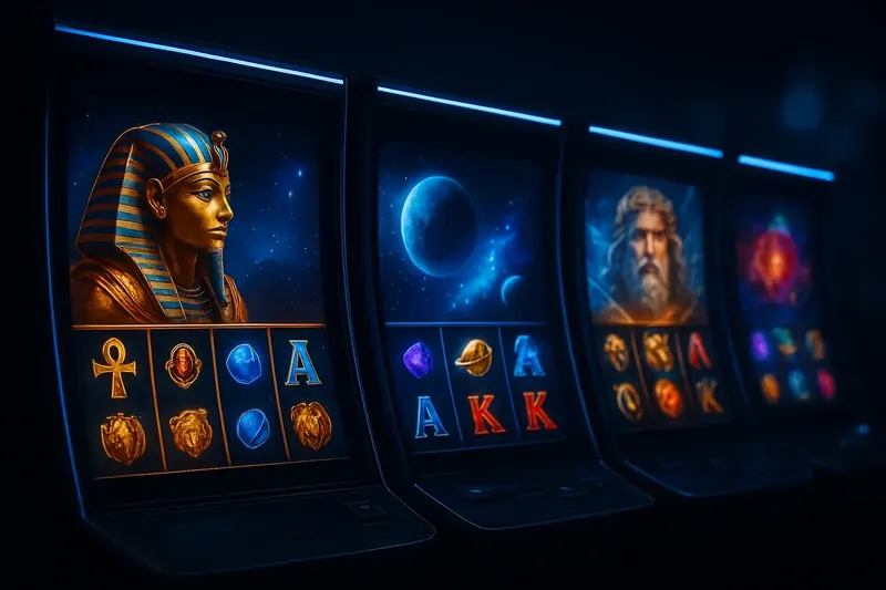 Five vivid video slot machines with neon lighting and themed screens